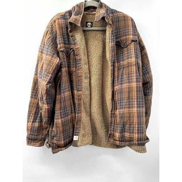 Timberland Shacket Men's Large Multicolor Plaid Cotton Sherpa Lined Button Front - Picture 2 of 7